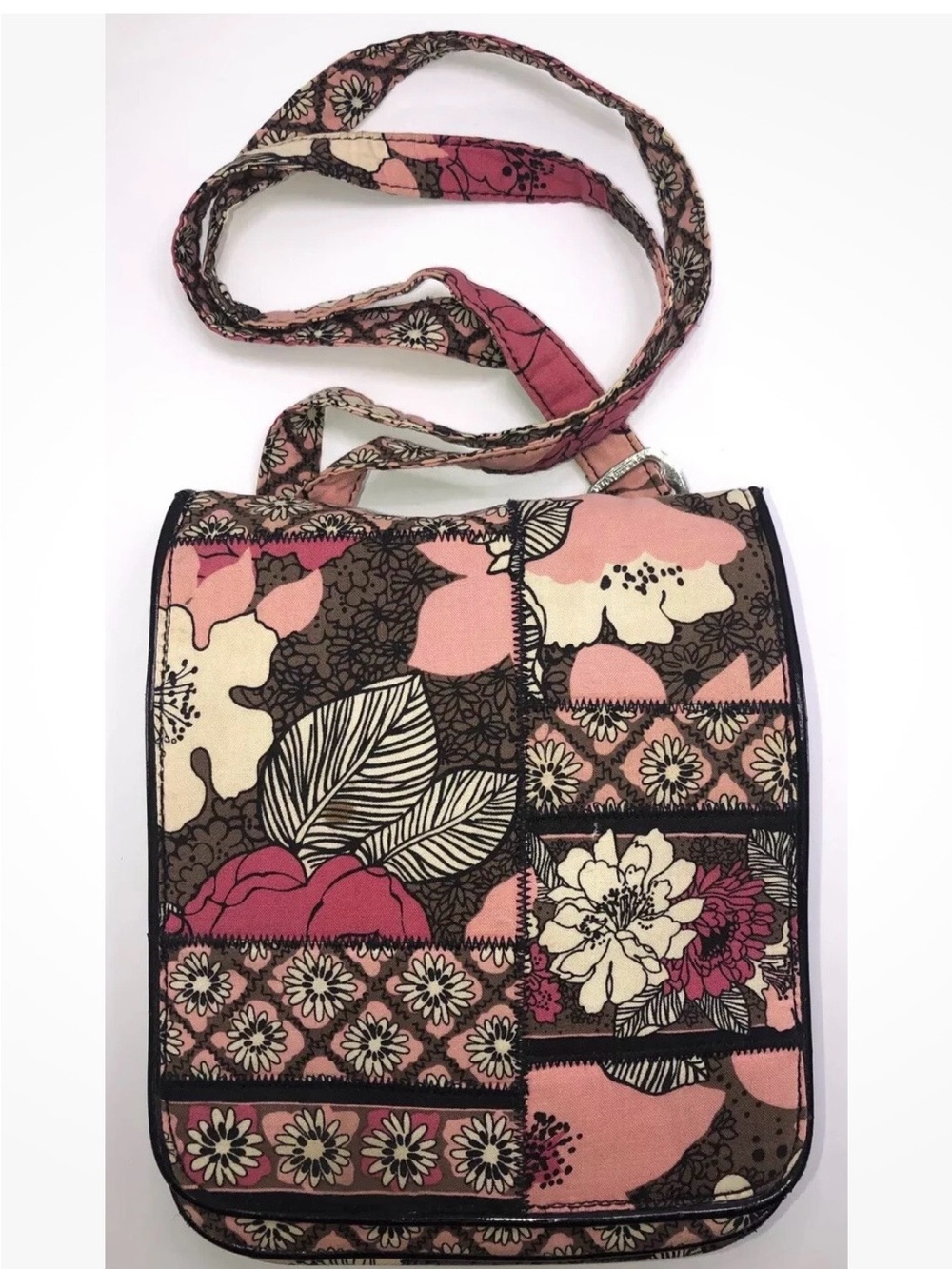 Vera Bradley Mocha Rouge Pink Multi Floral Patchwork Crossbody Bag